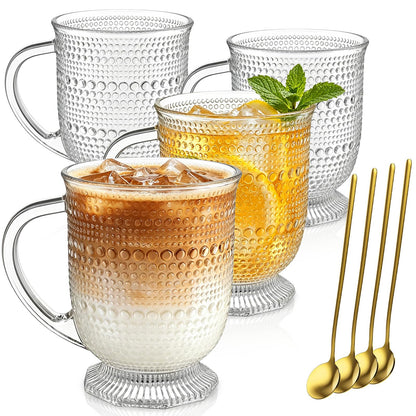 KEMORELA 16oz Ribbed Glass Coffee Mugs Set,Large Glass Mugs with Handle