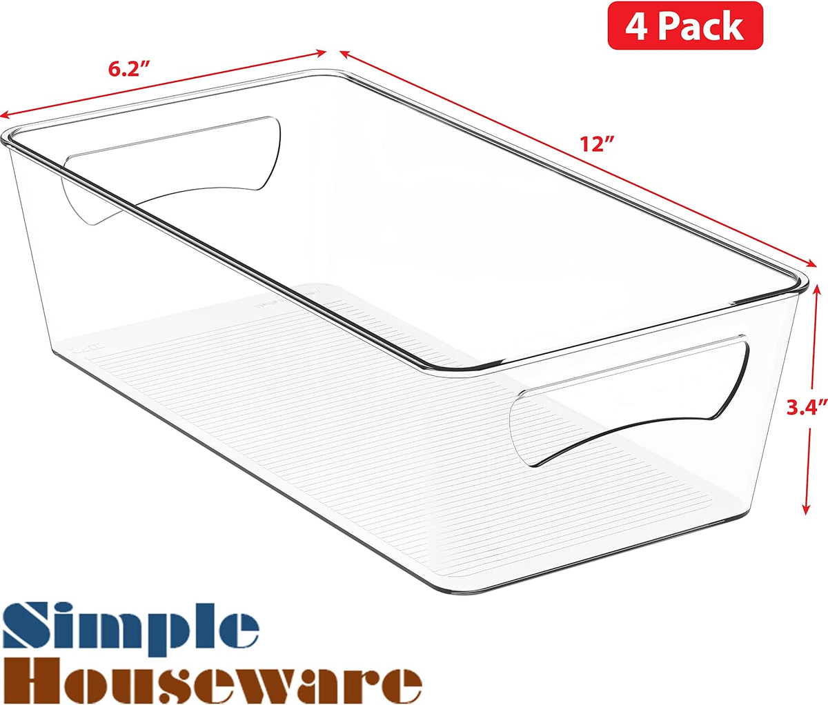 Simple Houseware 4 Pack Clear Fridge Storage Bins Organizer (12"x6.2"x3.4")
