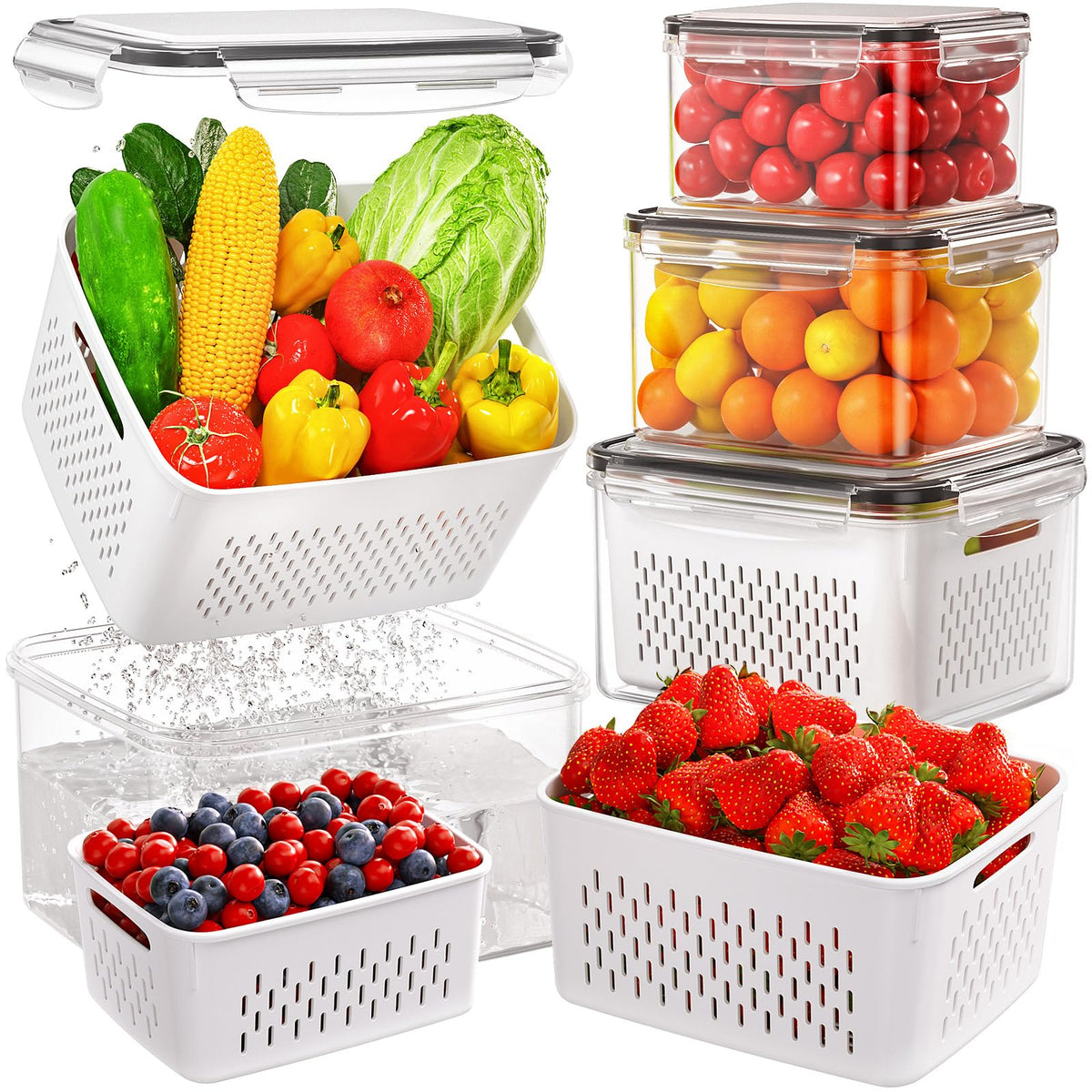 8-Pack Fruit Storage Containers for Fridge, Leakproof Fruit Containers for Fridge with Colanders, BPA-Free Produce Storage Containers with Lids Keep Fruits, Vegetables, Berry, Meat Fresh longer