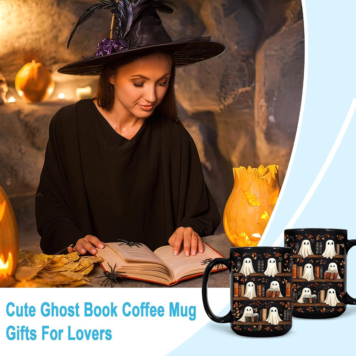 Hyturtle Cute Ghost Read Book Mug - Black Coffee Cup Ceramic Mug 15 Oz And Keychain - Book Gifts For Women Lover - Bookish Gift For Bookworm Librarian - Inspirational Librarian Present For Halloween