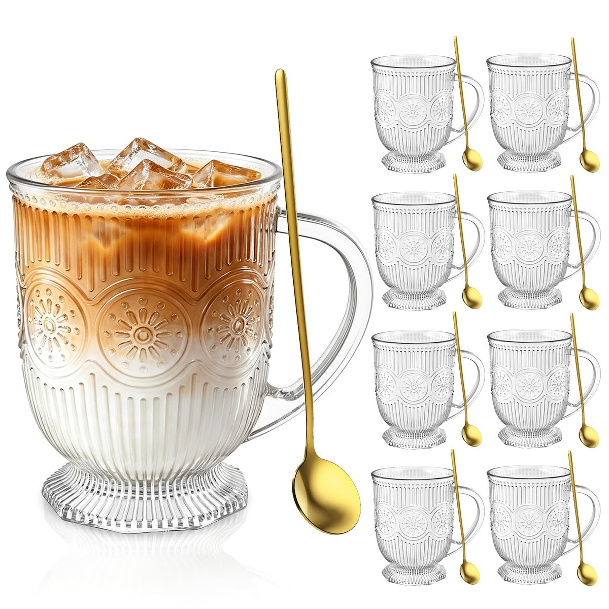 KEMORELA 16oz Ribbed Glass Coffee Mugs Set,Large Glass Mugs with Handle