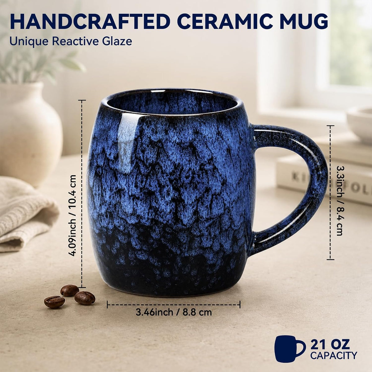 21oz Unique Handmade Ceramic Coffee Mug - Kiln Change Artisan Pottery, Large Handle, Microwave & Dishwasher Safe, Lead-Free Thick Stoneware, Gift for Office, Men & Women (Deep Blue)