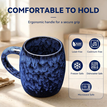 21oz Unique Handmade Ceramic Coffee Mug - Kiln Change Artisan Pottery, Large Handle, Microwave & Dishwasher Safe, Lead-Free Thick Stoneware, Gift for Office, Men & Women (Deep Blue)