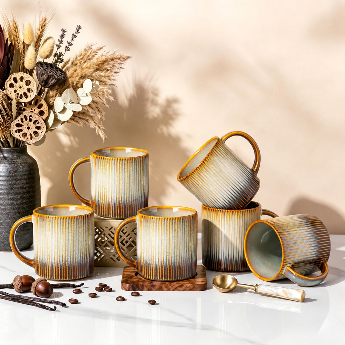 theterra Ceramic Coffee Mugs Set of 6, 12 oz Coffee Cups with Handle