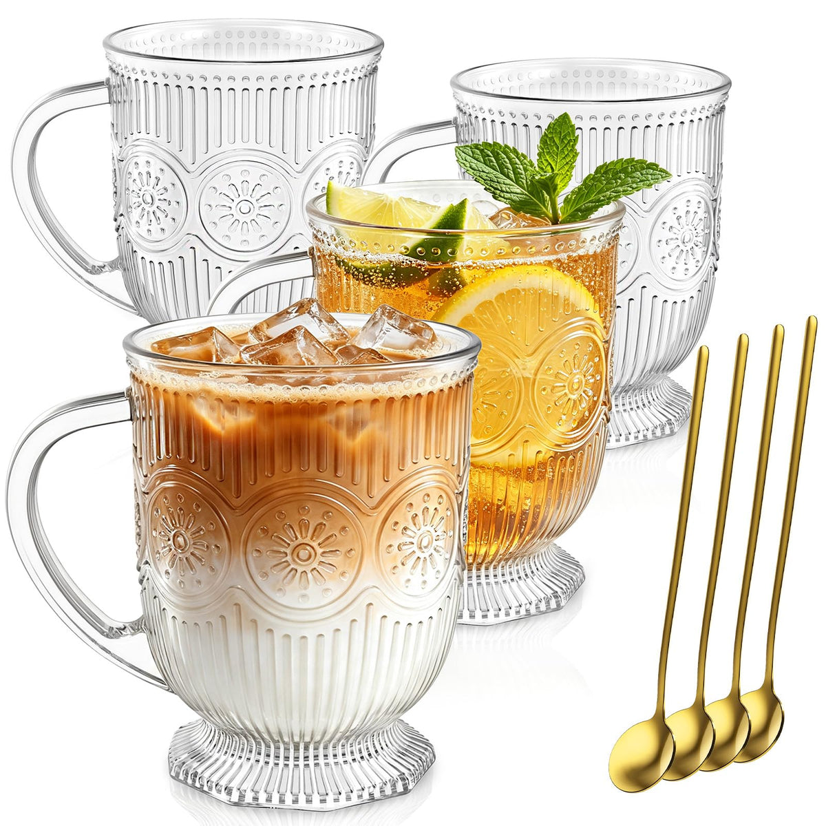 KEMORELA 16oz Ribbed Glass Coffee Mugs Set,Large Glass Mugs with Handle
