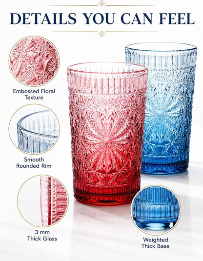 Drinking Glass Set of 6, 13oz Colored Glass Cup Glassware Set