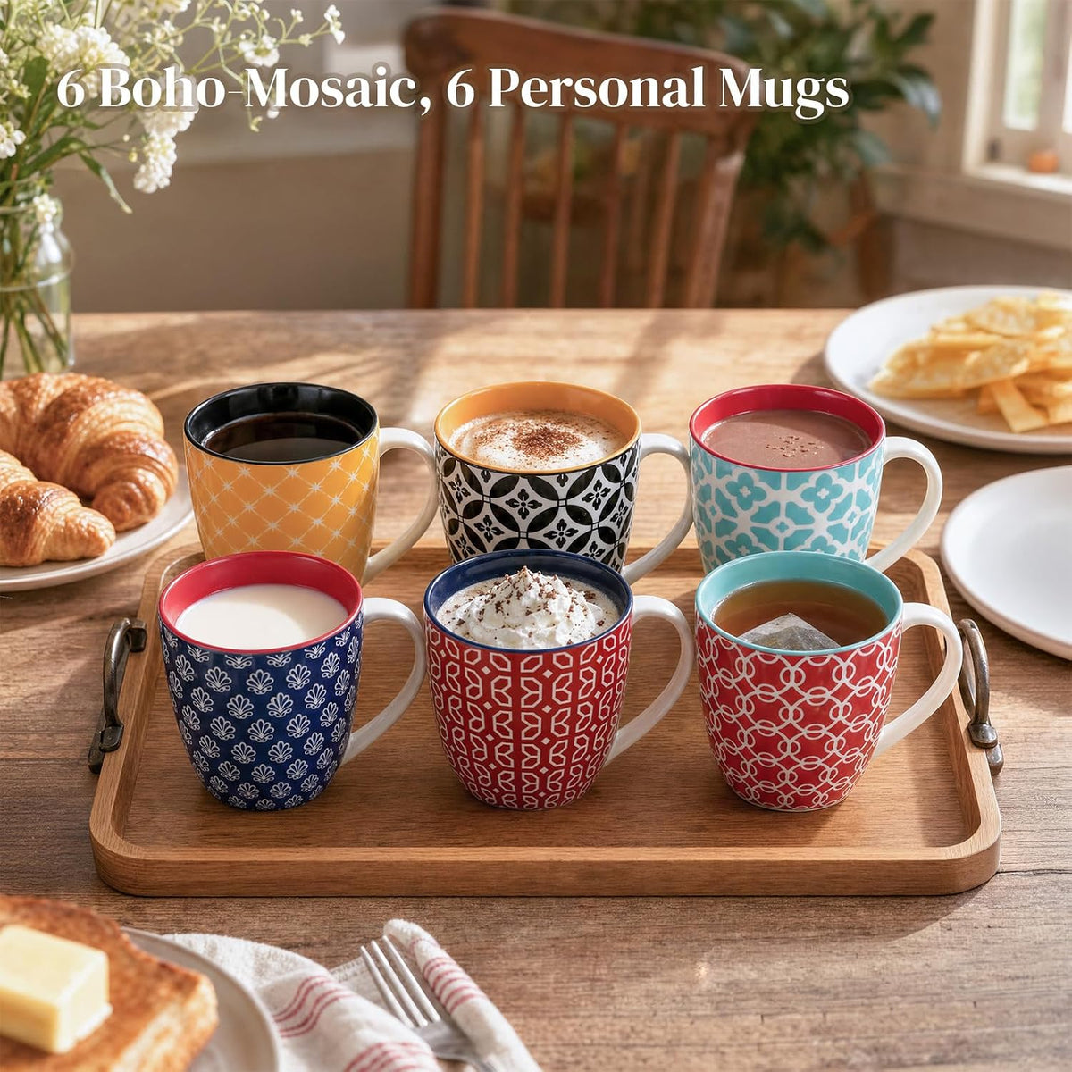 DOWAN 16 OZ Boho-Mosaic Coffee Mugs Set of 6, Large Ceramic Coffee Mugs with Handle, Bohemian Home Decor Gift Set for Housewarming, Wedding & Birthday