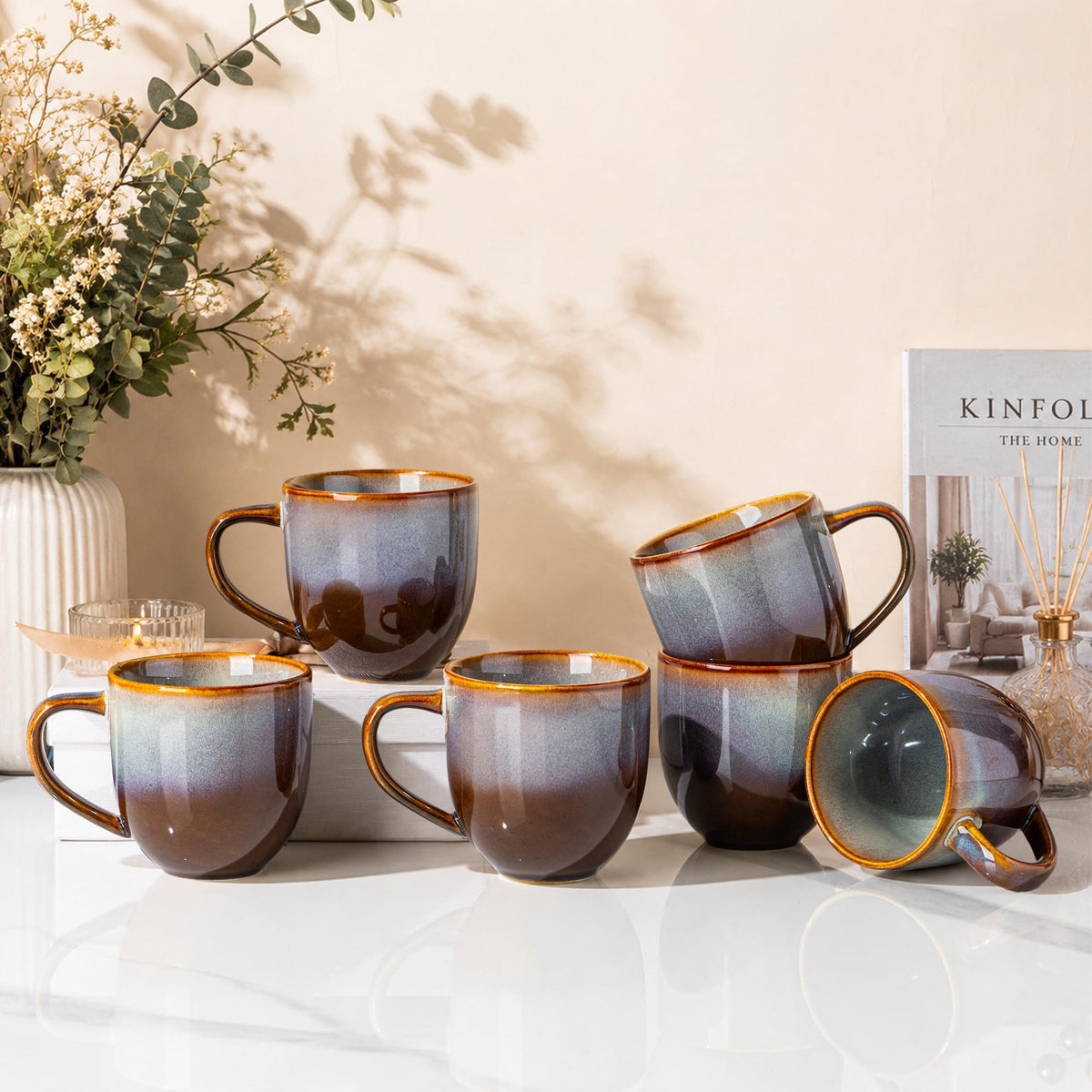 theterra Ceramic Coffee Mugs Set of 6, 12 oz Coffee Cups with Handle