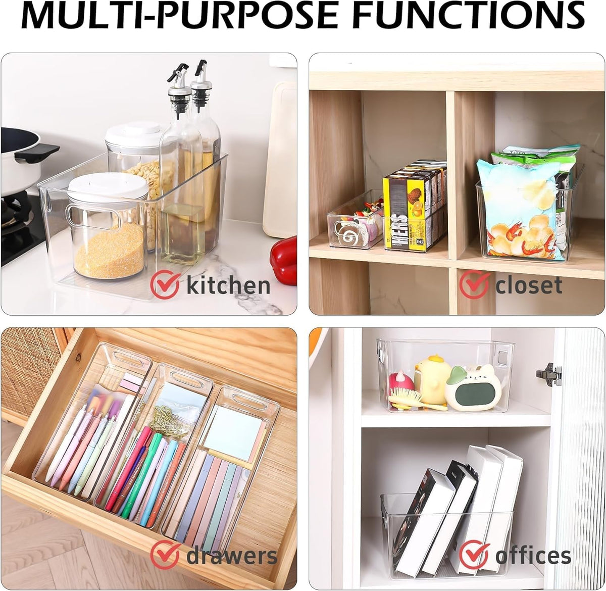 Clear Plastic Storage Bins 8 Pack - Pantry Organizers and Storage, Fridge Organizer Containers for Kitchen, Cabinet, Freezer, Bathroom, Clost, Home Organization