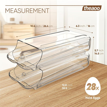 theaoo Egg Holder for Fridge, Automatic Rolling Egg Container, Clear, 2Pack