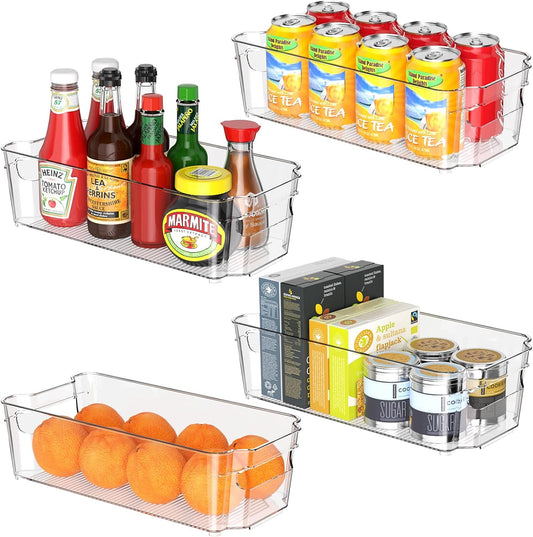 Clear Fridge Organizer, Refrigerator Organizer Bins with Handle, Freezer, Kitchen Cabinet, Pantry Organization, BPA Free Fridge Organizers (12.4 inch 4 Pack)