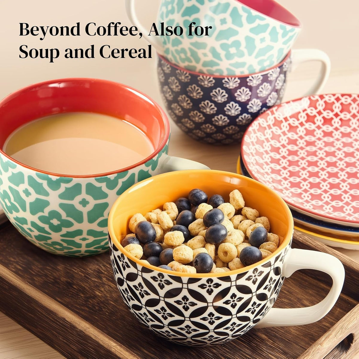 DOWAN 24 OZ Boho Mosaic Soup Mugs with Handle, Large Coffee Mugs Set of 4