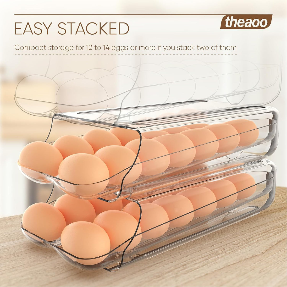 theaoo Egg Holder for Fridge, Automatic Rolling Egg Container, Clear, 2Pack
