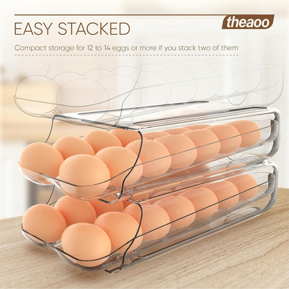 theaoo Egg Holder for Fridge, Automatic Rolling Egg Container, Clear, 2Pack