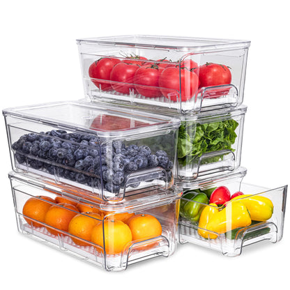 Fridge Organizer, Clear Stackable Storage Bins with Drawers, 3 Pack