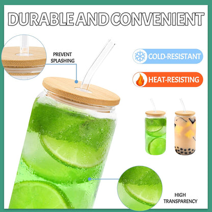 Joyclub 12Pcs Glass Cups with Bamboo Lids and Straws Bulk 16 oz Can Shaped