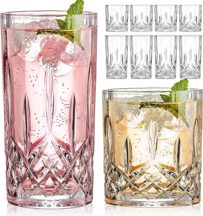 Qipecedm Drinking Glasses, 8 Piece Crystal Glass Cups, Mixed Glassware Set, 4 pcs Crystal Old Fashioned 11oz Highballs and 4 pcs 11oz Whiskey Glasses, Great for Cocktail, Whisky and other Beverages