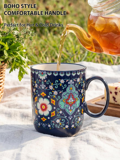 HENXFEN LEAD 14 oz Boho Ceramic Coffee Mug & Tea Cup - Midnight Blue