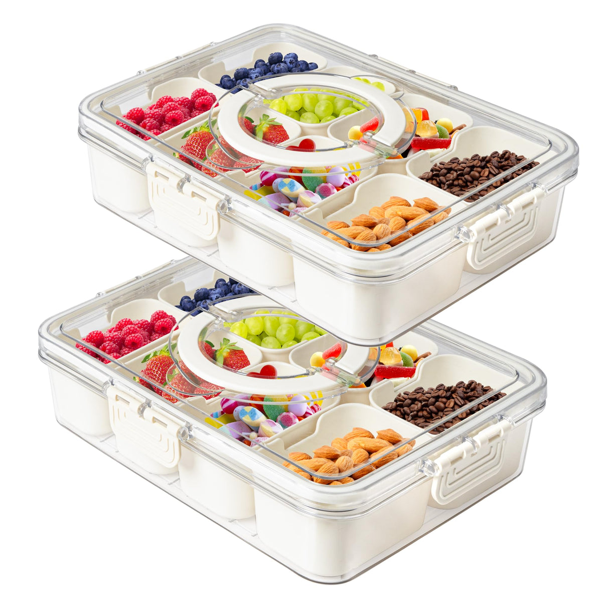 2Pack Divided Snackle Box with Lids Stackable Food Serving Tray for Fruit&Veggie Plastic Fridge Storage Container for Pantry Freezer Clear Snack Box for Meal Prep Candy Nuts Spice