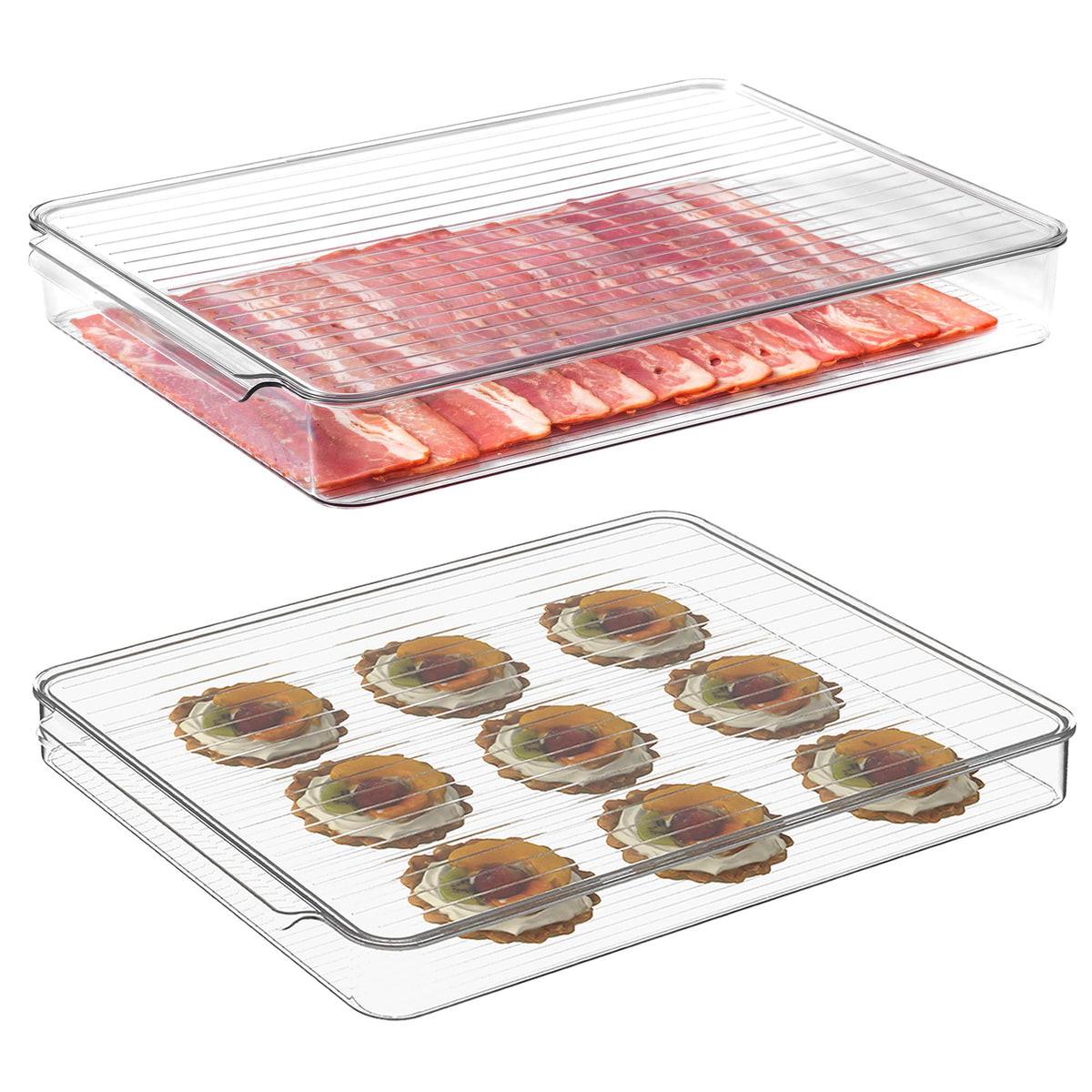 vacane 2 Pack Deli Meat Container for Fridge, Bacon Container with Lids for Refrigerator Fruit, Cold Cuts, Cheese Keeper Marinade Tray, Stackable Freezer Storage Containers