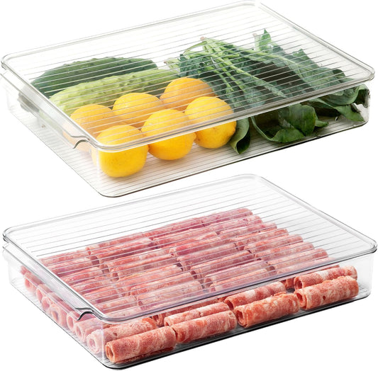 vacane 2 Pack Deli Meat Container for Fridge, Bacon Container with Lids for Refrigerator Fruit, Cold Cuts, Cheese Keeper Marinade Tray, Stackable Freezer Storage Containers