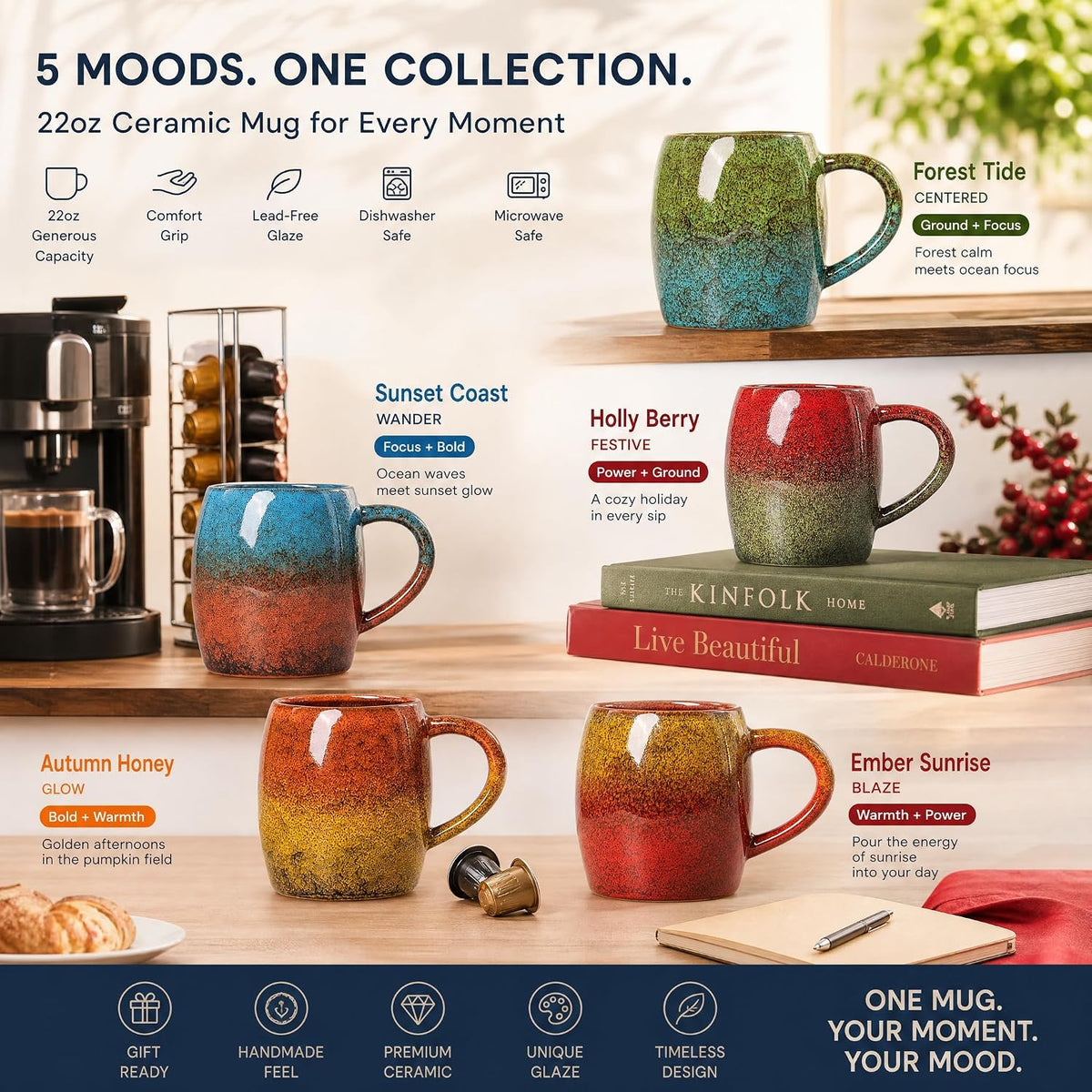 Forest Tide Ceramic Mug, 22oz Reactive Glaze Coffee Mug, Self Care Gift