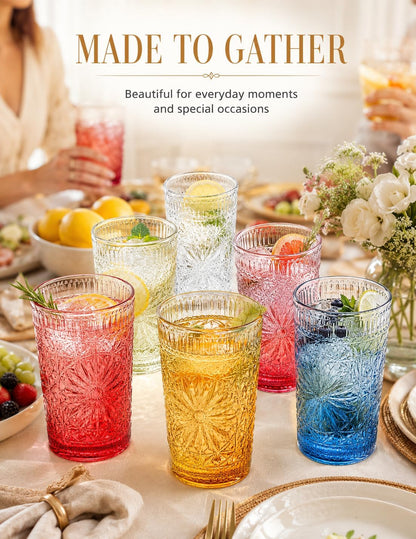 Drinking Glass Set of 6, 13oz Colored Glass Cup Glassware Set