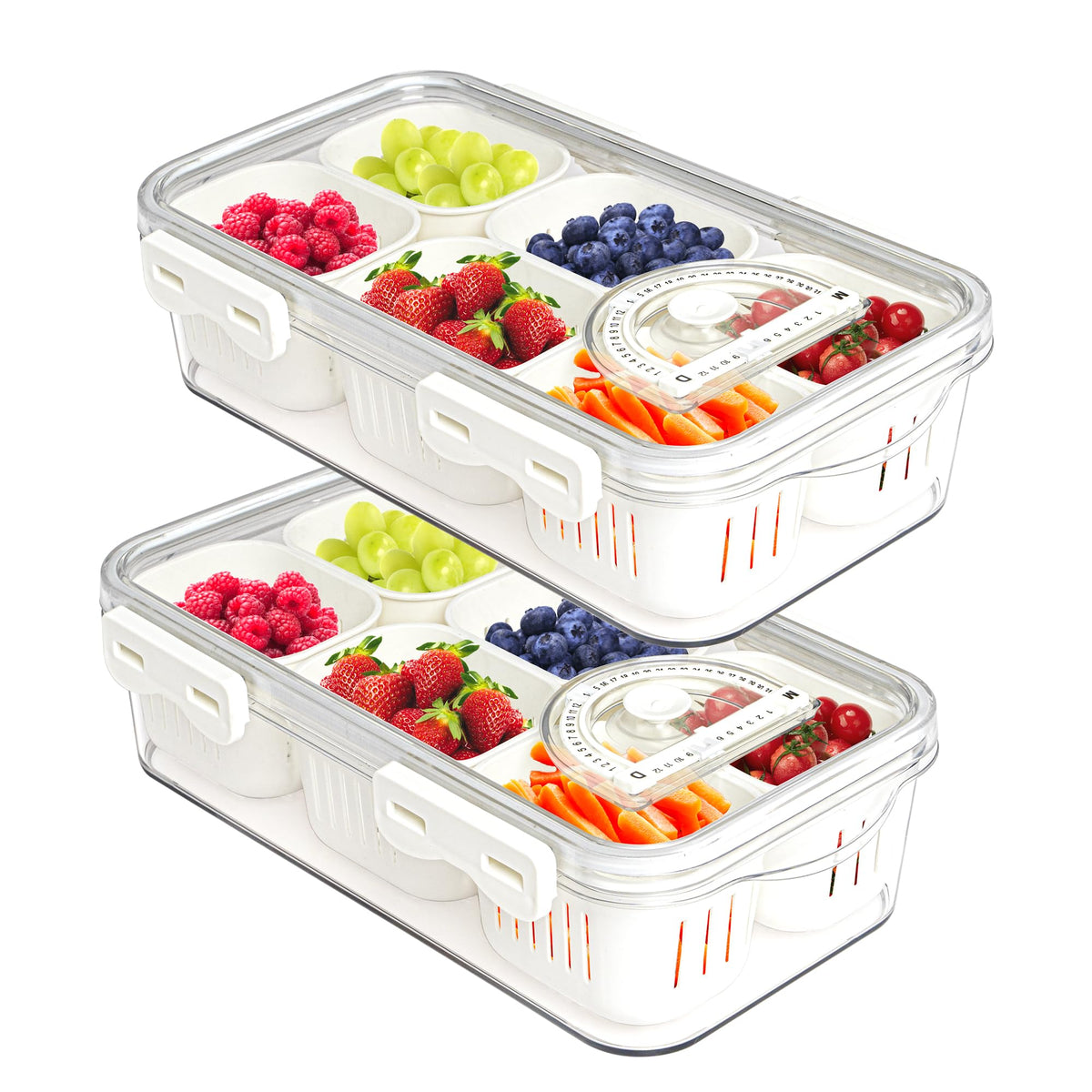 2Pack Divided Snackle Box with Lids Stackable Food Serving Tray for Fruit&Veggie Plastic Fridge Storage Container for Pantry Freezer Clear Snack Box for Meal Prep Candy Nuts Spice