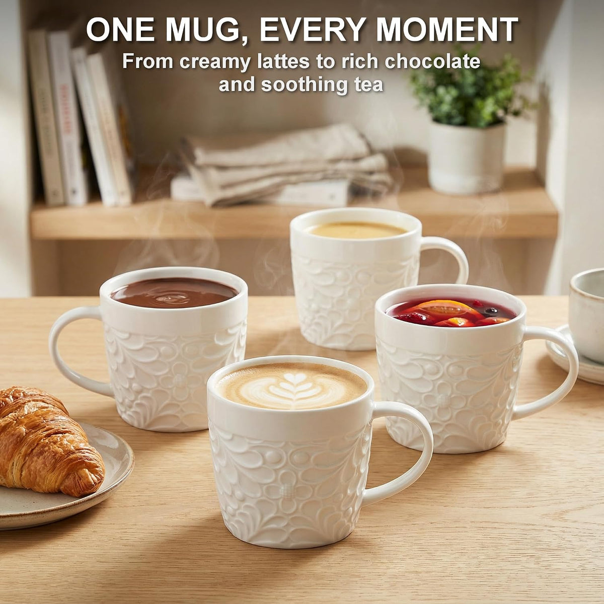 16 Oz Ceramic Coffee Mugs Set of 4, Rustic Embossed Nature Design, White