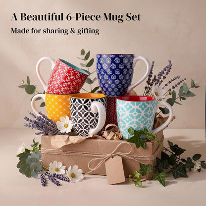 DOWAN 16 OZ Boho-Mosaic Coffee Mugs Set of 6, Large Ceramic Coffee Mugs with Handle, Bohemian Home Decor Gift Set for Housewarming, Wedding & Birthday