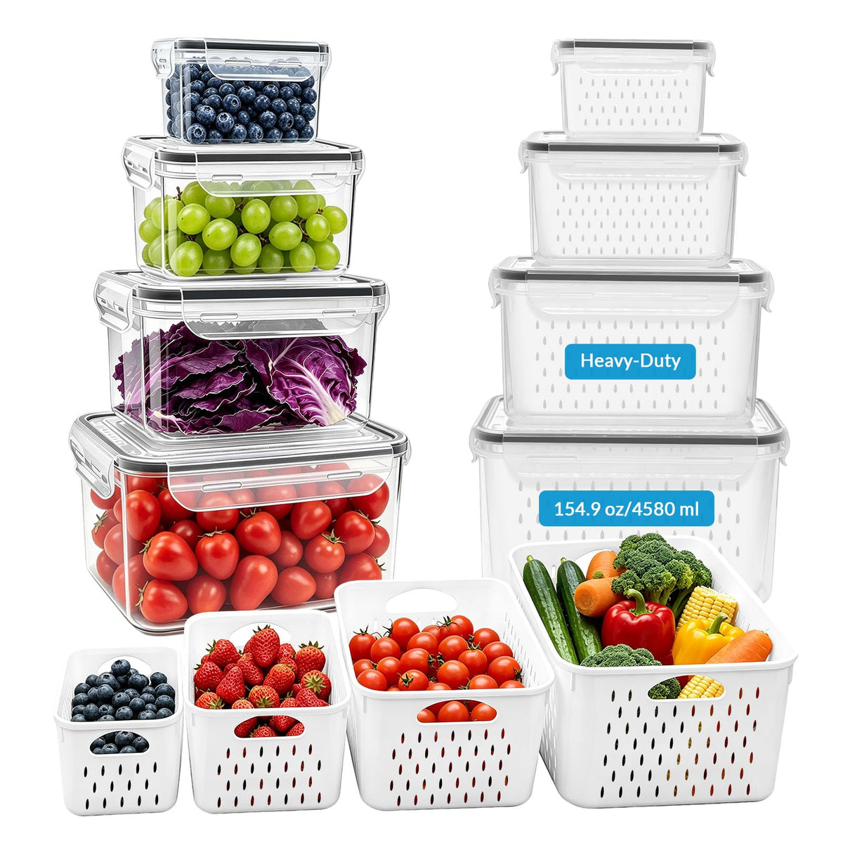 4 Pack Heavy-Duty Fruit Containers for Fridge,Food Storage Containers,Green