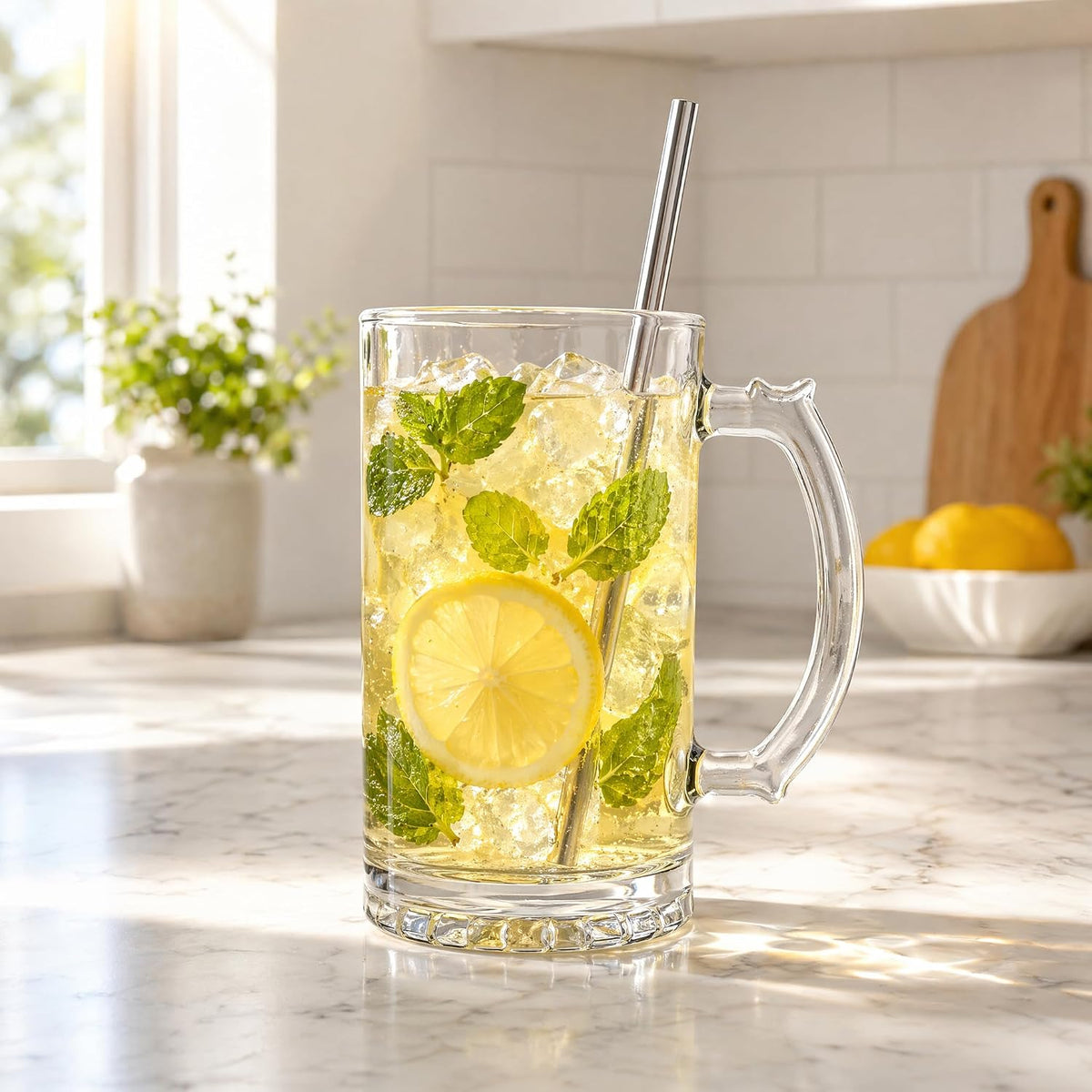 Okllen 8 Pack 16 Oz Glass Beer Mug with Handle, Heavy Large Glass Steins Beer Cups with Stainless Steel Straws, Heavy Base, Thick Drinking Glasses for Freezer, Bar, Cocktail, Alcohol, Beverages, Soda