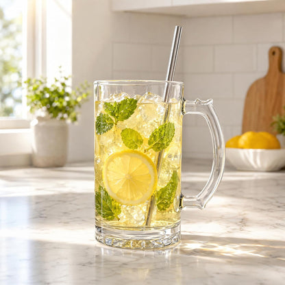 Okllen 8 Pack 16 Oz Glass Beer Mug with Handle, Heavy Large Glass Steins Beer Cups with Stainless Steel Straws, Heavy Base, Thick Drinking Glasses for Freezer, Bar, Cocktail, Alcohol, Beverages, Soda