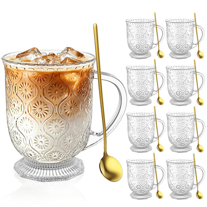 KEMORELA 16oz Ribbed Glass Coffee Mugs Set,Large Glass Mugs with Handle