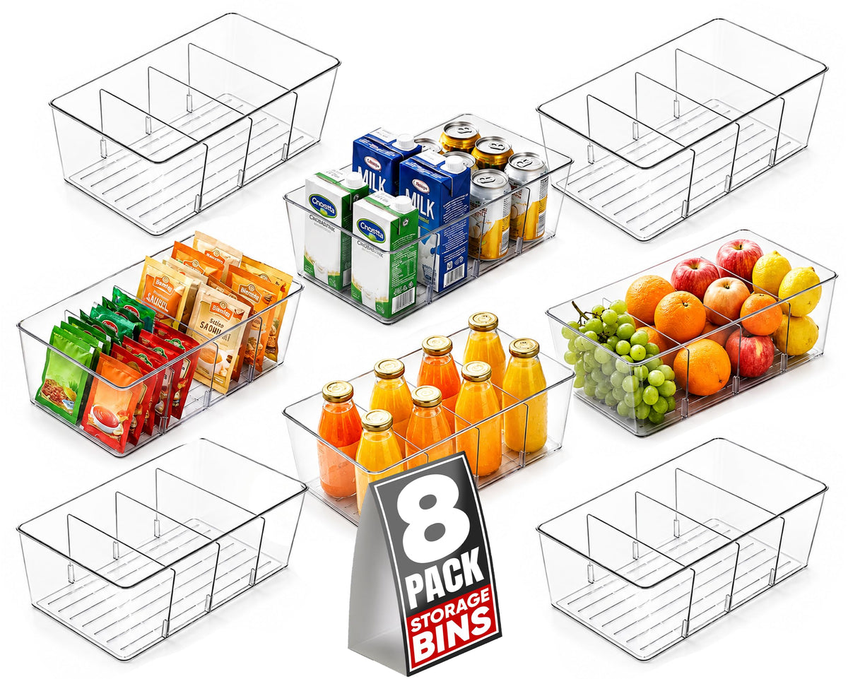 Oizeir 8 Pack Clear Plastic Storage Bins with Handles – Stackable Fridge Organizer Bins for Refrigerator, Freezer, Pantry, Kitchen Cabinet & Cupboard Organization, BPA-Free Acrylic, Transparent