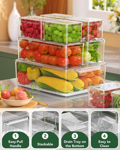KEMETHY 11 Pack Refrigerator Organizers and Storage, Stackable Fridge Organizer Bins, BPA-Free Clear Plastic Fruit Storage Containers for Fridge, Kitchen, Fruits, Drinks, Produce, Vegetable