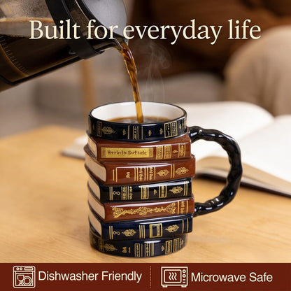 3D Book Mug – Stacked Books Mug, Book Lovers Gift for Readers & Librarians