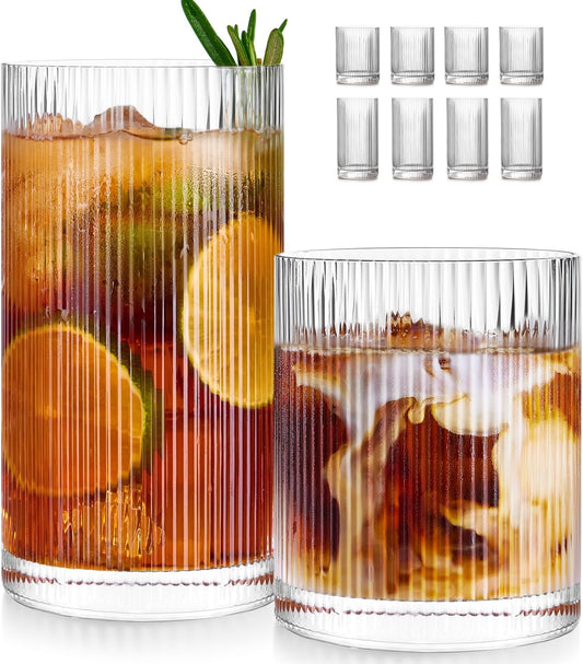 Ribbed Drinking Glasses Cups Set of 8 Large Capacity Highball 17oz&12oz