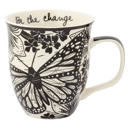 Karma Gifts, 14 oz Black and White Boho Mug, Cute Coffee and Tea Mug, Ceramic Coffee Mugs for Women and Men, Dragonfly