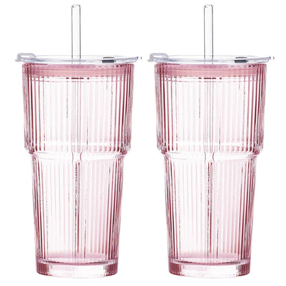 20oz Iced Coffee Cups with Lids, Ribbed Glass Cups with Lids and Straws