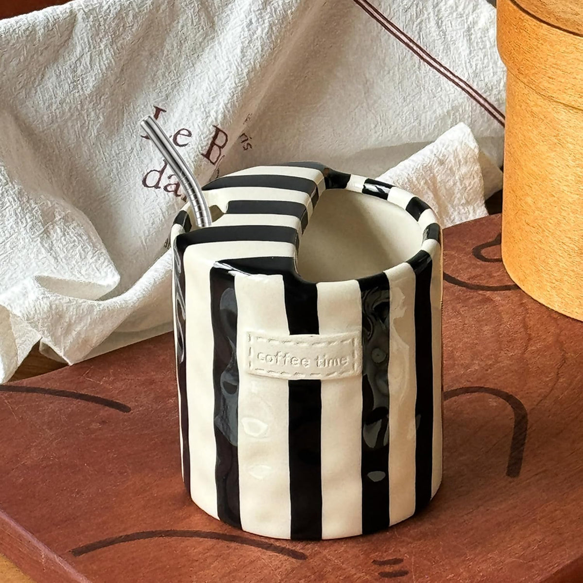 Ceramic Coffee Mugs 10 oz Retro Striped Coffee Mug No Handle with Straw