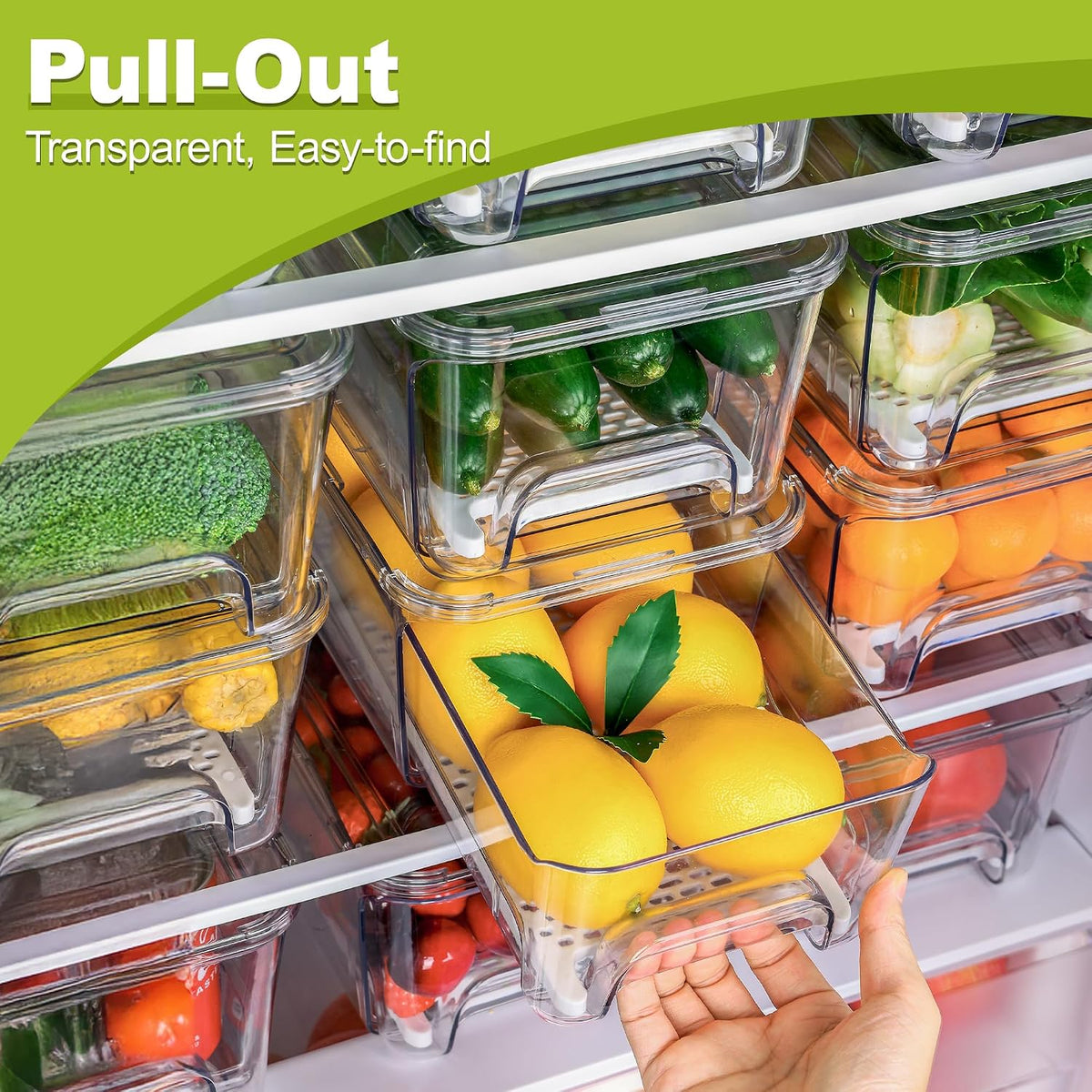 Fridge Organizer, Clear Stackable Storage Bins with Drawers, 3 Pack