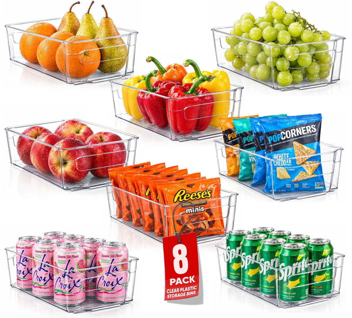 Oizeir 8 Pack Clear Plastic Storage Bins with Handles – Stackable Fridge Organizer Bins for Refrigerator, Freezer, Pantry, Kitchen Cabinet & Cupboard Organization, BPA-Free Acrylic, Transparent