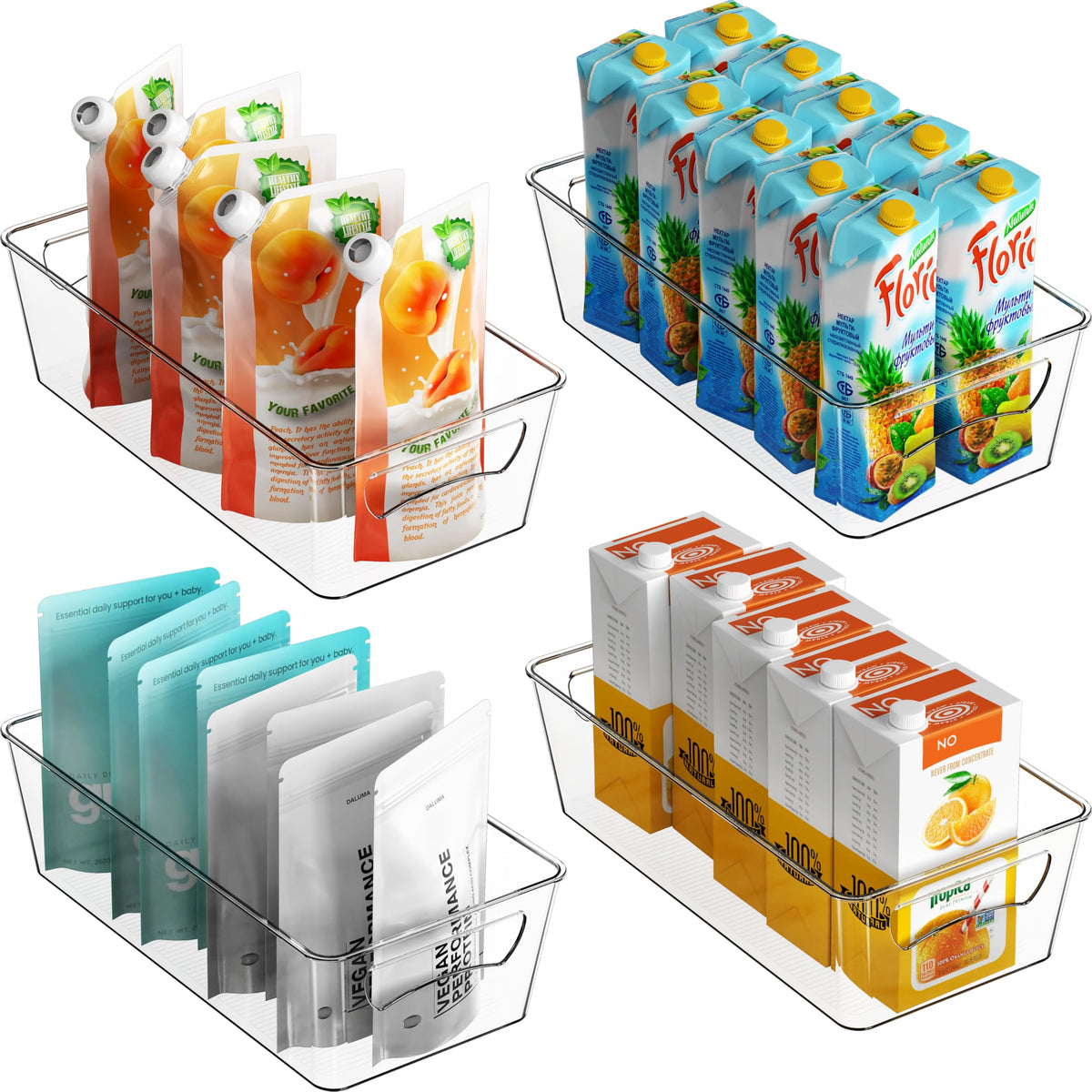 Simple Houseware 4 Pcs Kitchen Clear Bin Storage Organizer 15" x 8" x 3.75"
